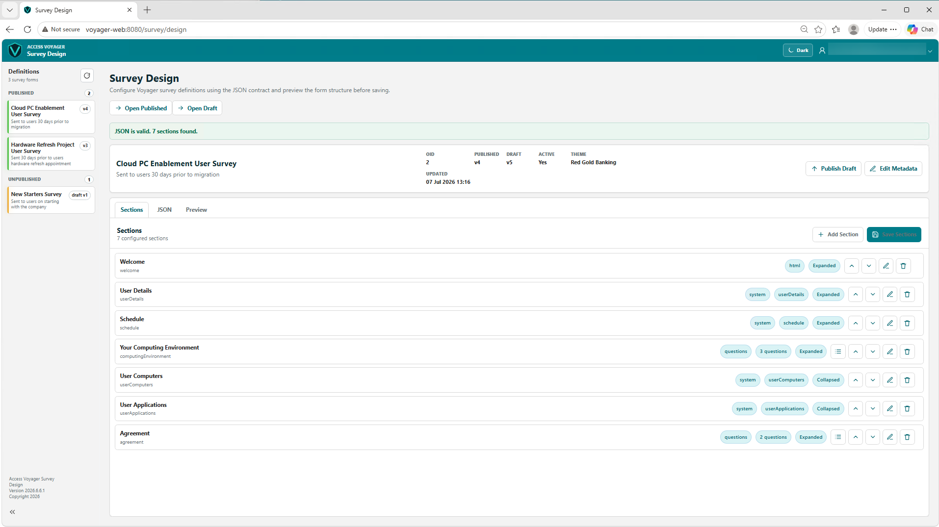 Voyager Survey Design interface showing configurable survey sections