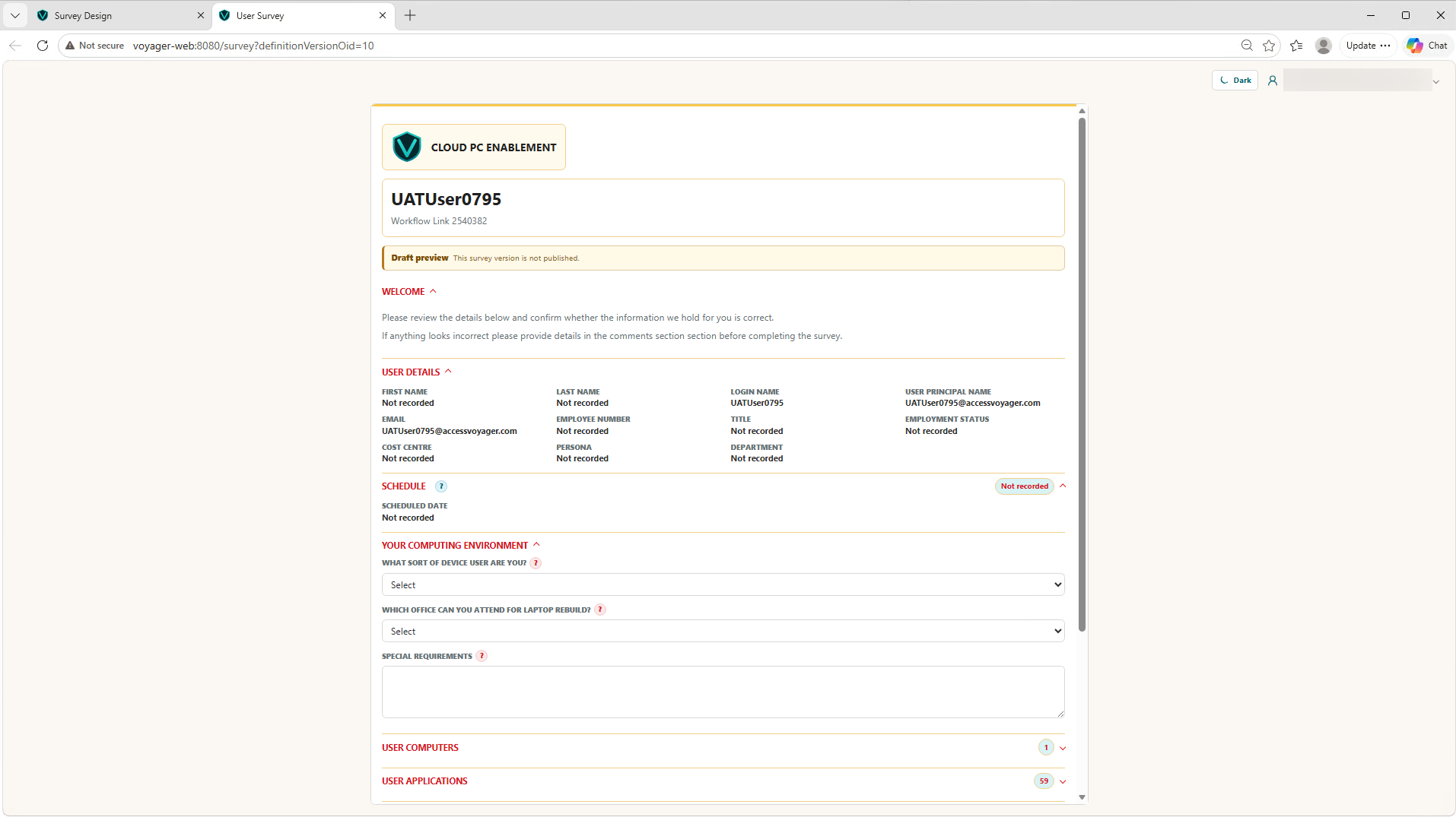 Secure Voyager user survey shown in a browser