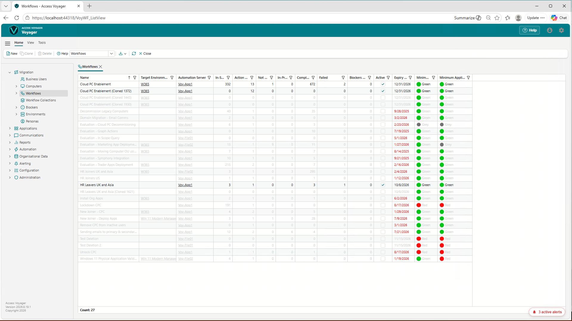 Voyager web interface showing the Workflows view
