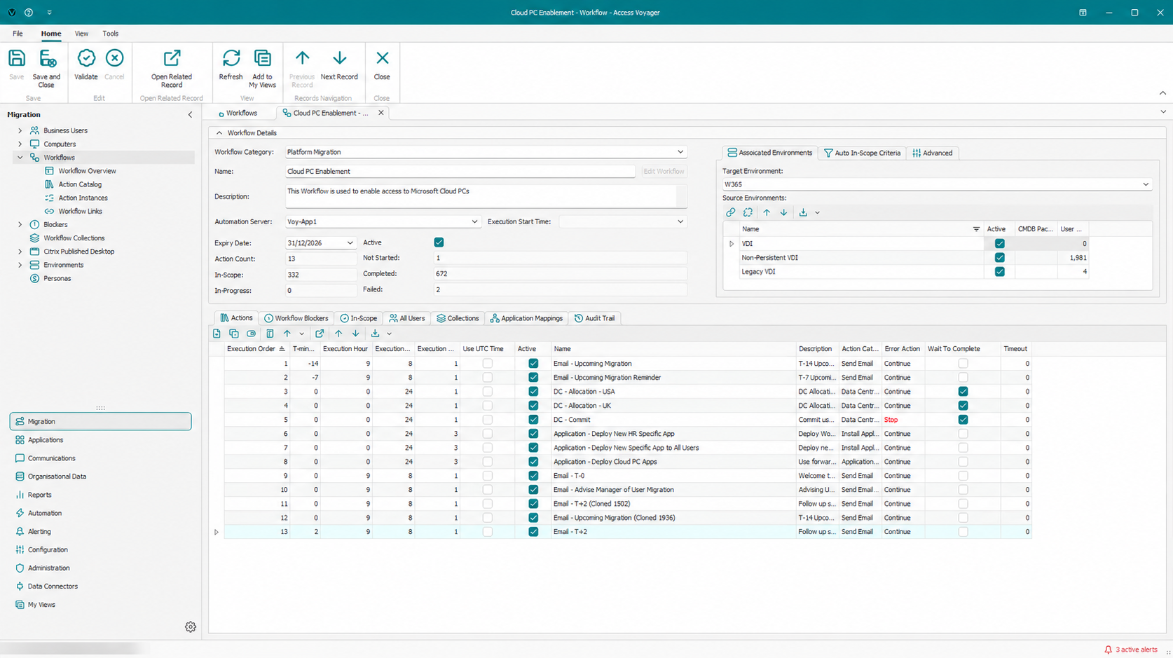 Voyager workflow details showing actions, environments, and execution settings